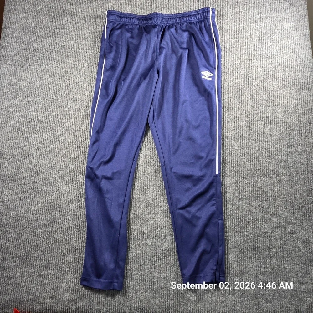Umbro Mens Navy Blue Soccer Training Track Pants Large Zipper Pockets White Trim